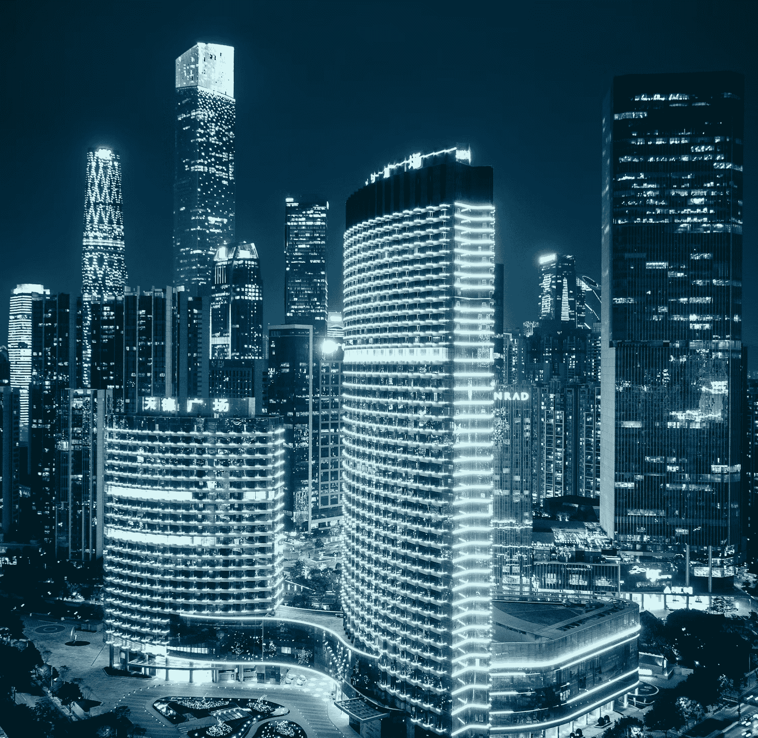 City skyline at dusk